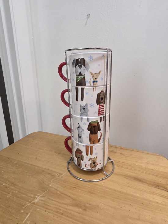 Other - Stackable Dog Print Mug Set with Red Handles